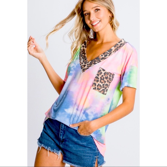New! Tie Dye And Animal Print Contrast Top - Picture 5 of 8